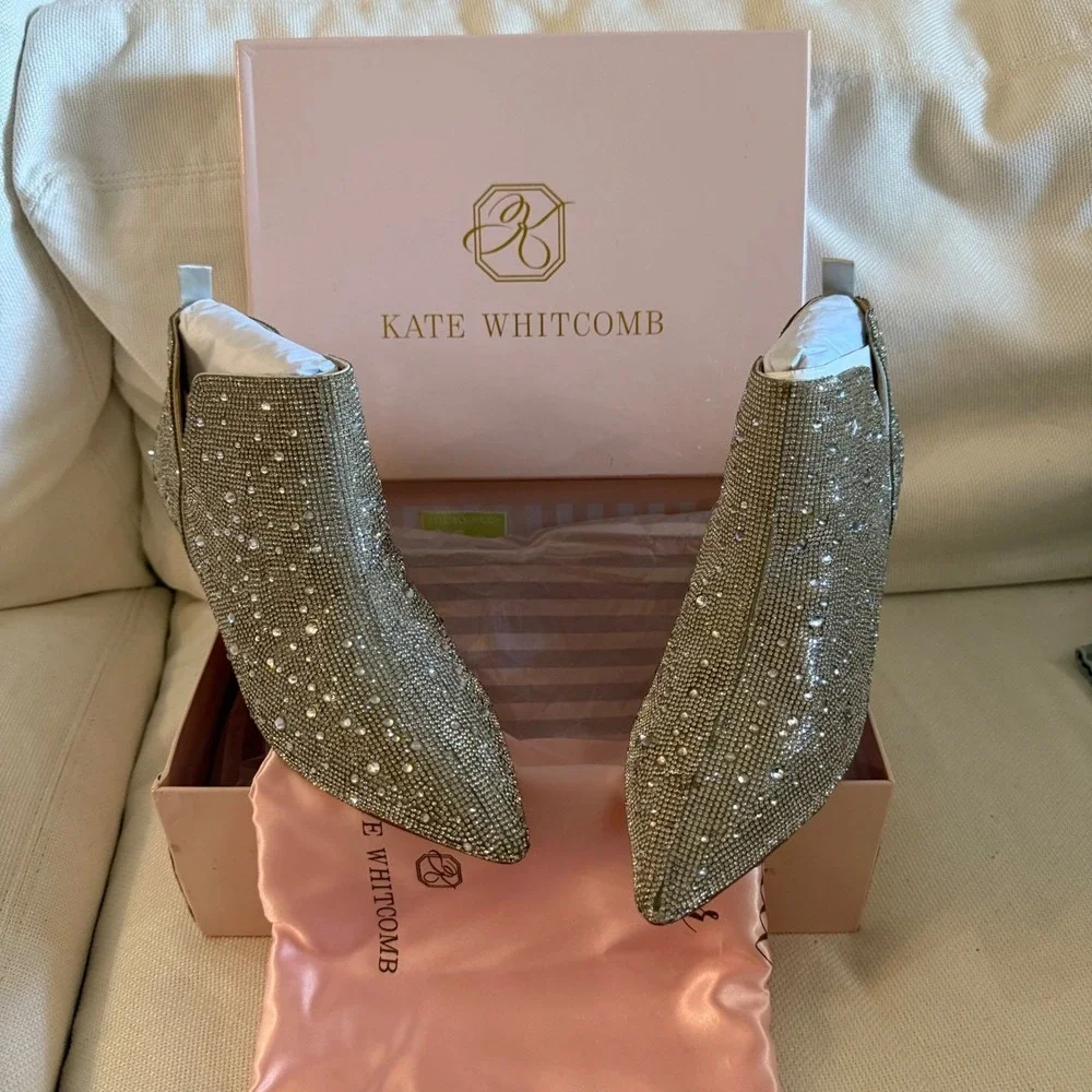NEW Kate Whitcomb Brit Sparkly Rhinestone Boot Bootie Block High Heel Shoe Pearl